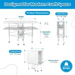 Sew Ready Folding Sewing Craft Table with Storage, Adjustable Height Cutting Desk with Drawers and Wheels for Quilting, Fabric, and Hobby Room, White