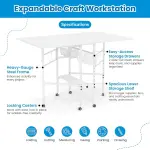 Sew Ready Folding Sewing Craft Table with Storage, Adjustable Height Cutting Desk with Drawers and Wheels for Quilting, Fabric, and Hobby Room, White