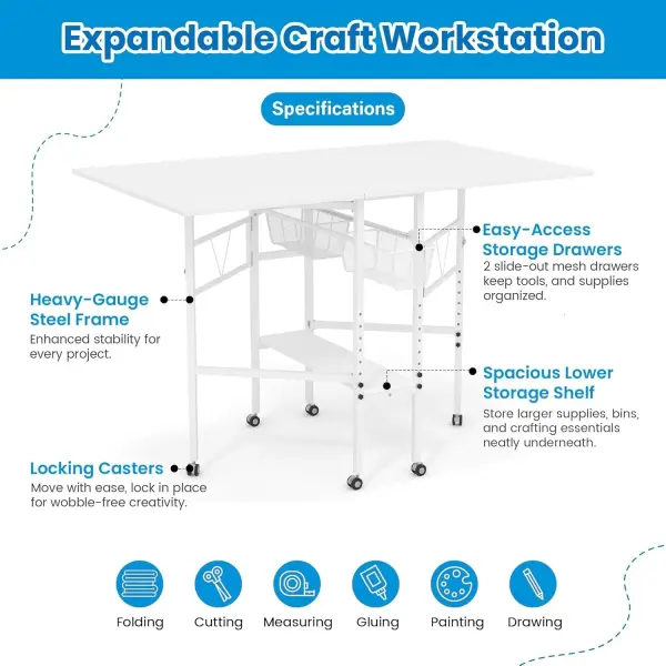 Sew Ready Folding Sewing Craft Table with Storage, Adjustable Height Cutting Desk with Drawers and Wheels for Quilting, Fabric, and Hobby Room, White