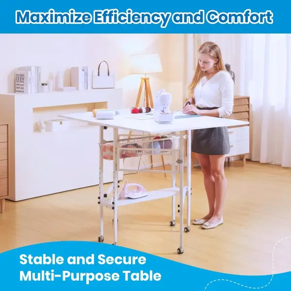 Sew Ready Folding Sewing Craft Table with Storage, Adjustable Height Cutting Desk with Drawers and Wheels for Quilting, Fabric, and Hobby Room, White