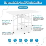 Sew Ready Folding Sewing Craft Table with Storage, Adjustable Height Cutting Desk with Drawers and Wheels for Quilting, Fabric, and Hobby Room, White