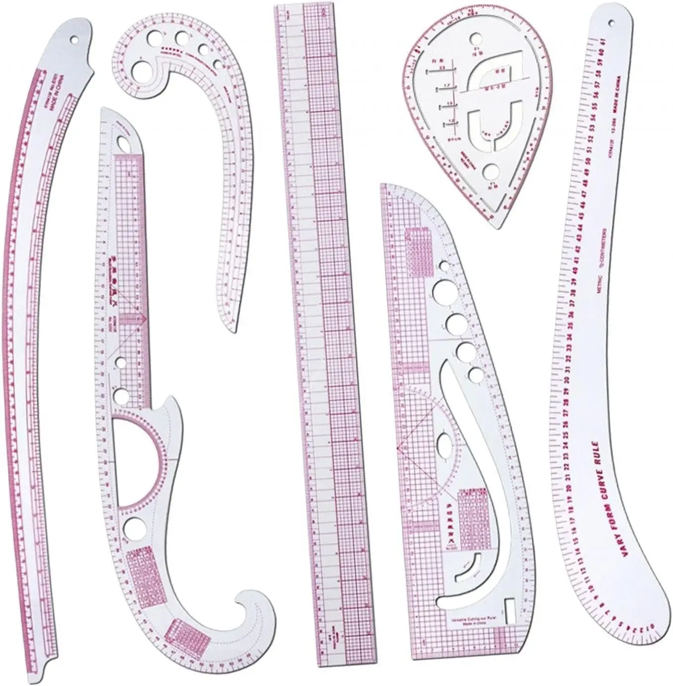 7-Piece French Curve Ruler Set for Pattern Makers, Tailoring, and Fashion Design, Metric Measuring Tools, 23.62 Inch