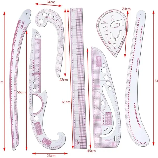 7-Piece French Curve Ruler Set for Pattern Makers, Tailoring, and Fashion Design, Metric Measuring Tools, 23.62 Inch