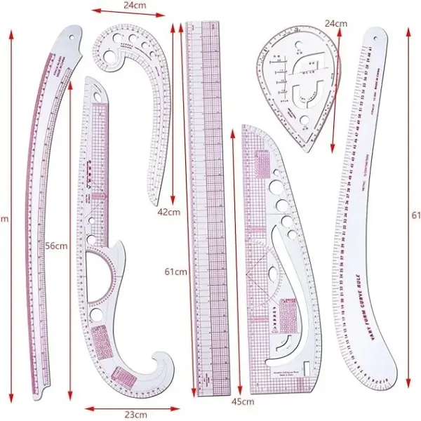 7-Piece French Curve Ruler Set for Pattern Makers, Tailoring, and Fashion Design, Metric Measuring Tools, 23.62 Inch