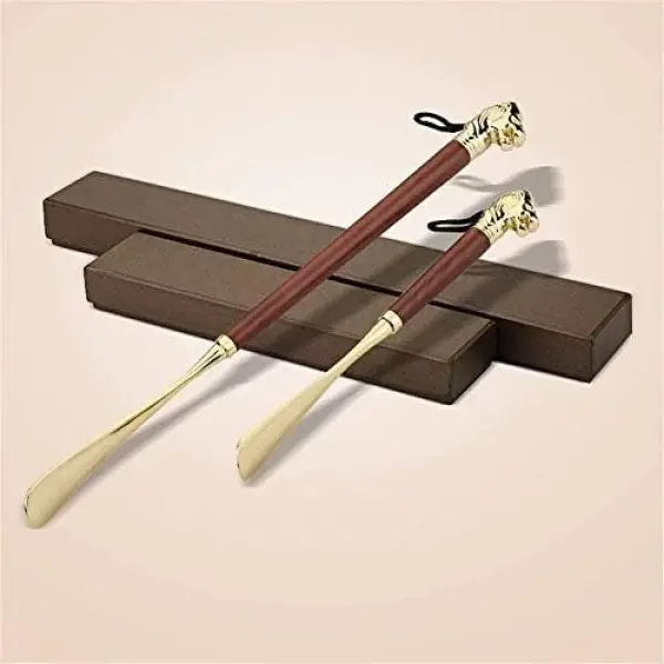 Long & Short Shoe Horn Set with Lion Handle 49cm & 32cm Durable Metal Boot Spoon Easy Wear Helper for Effortless SlipOn All Shoes Styles for Couples,32Brown