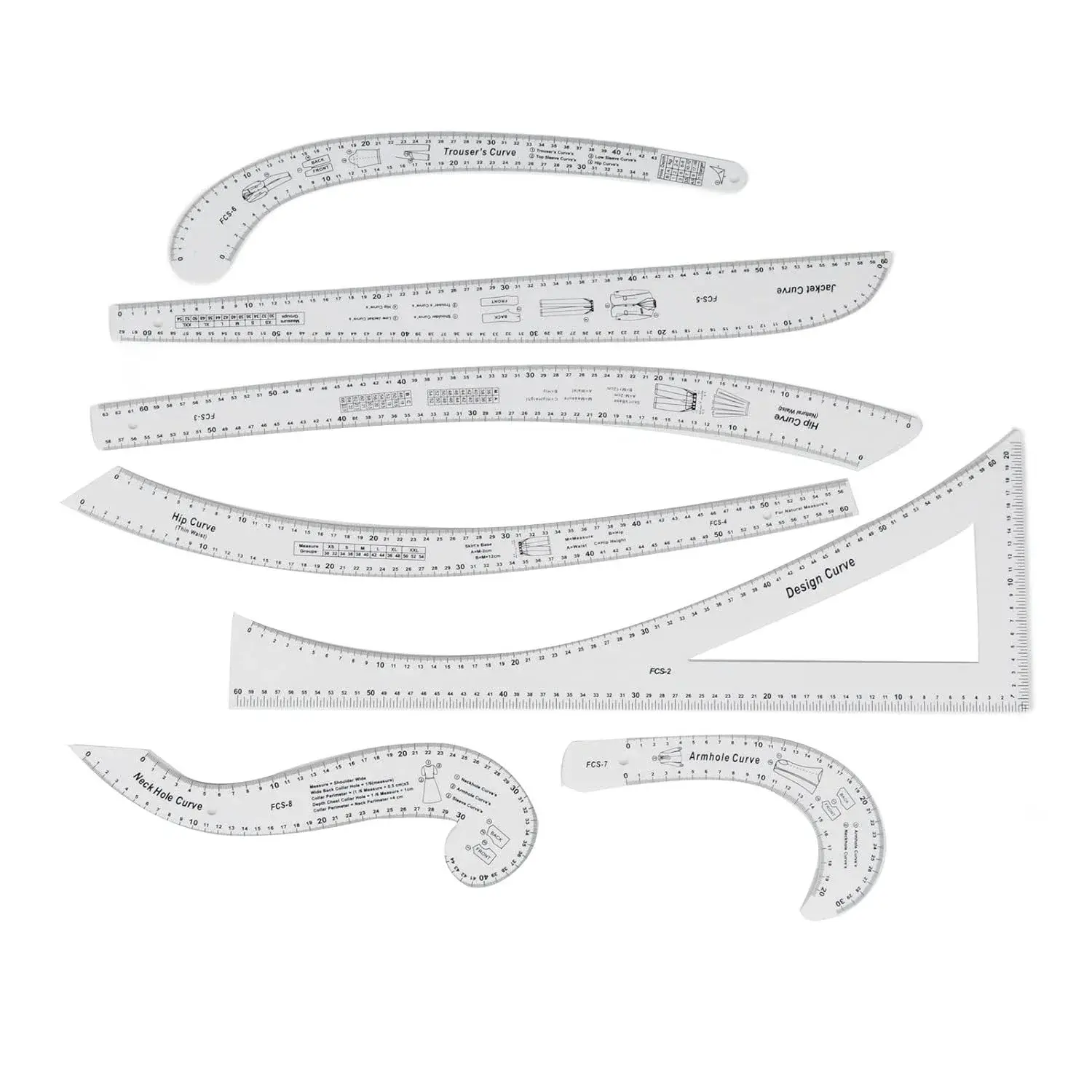 Fashionable Clear Sewing Ruler Set for Efficient Pattern Making Tailoring 7Pcs for Household
