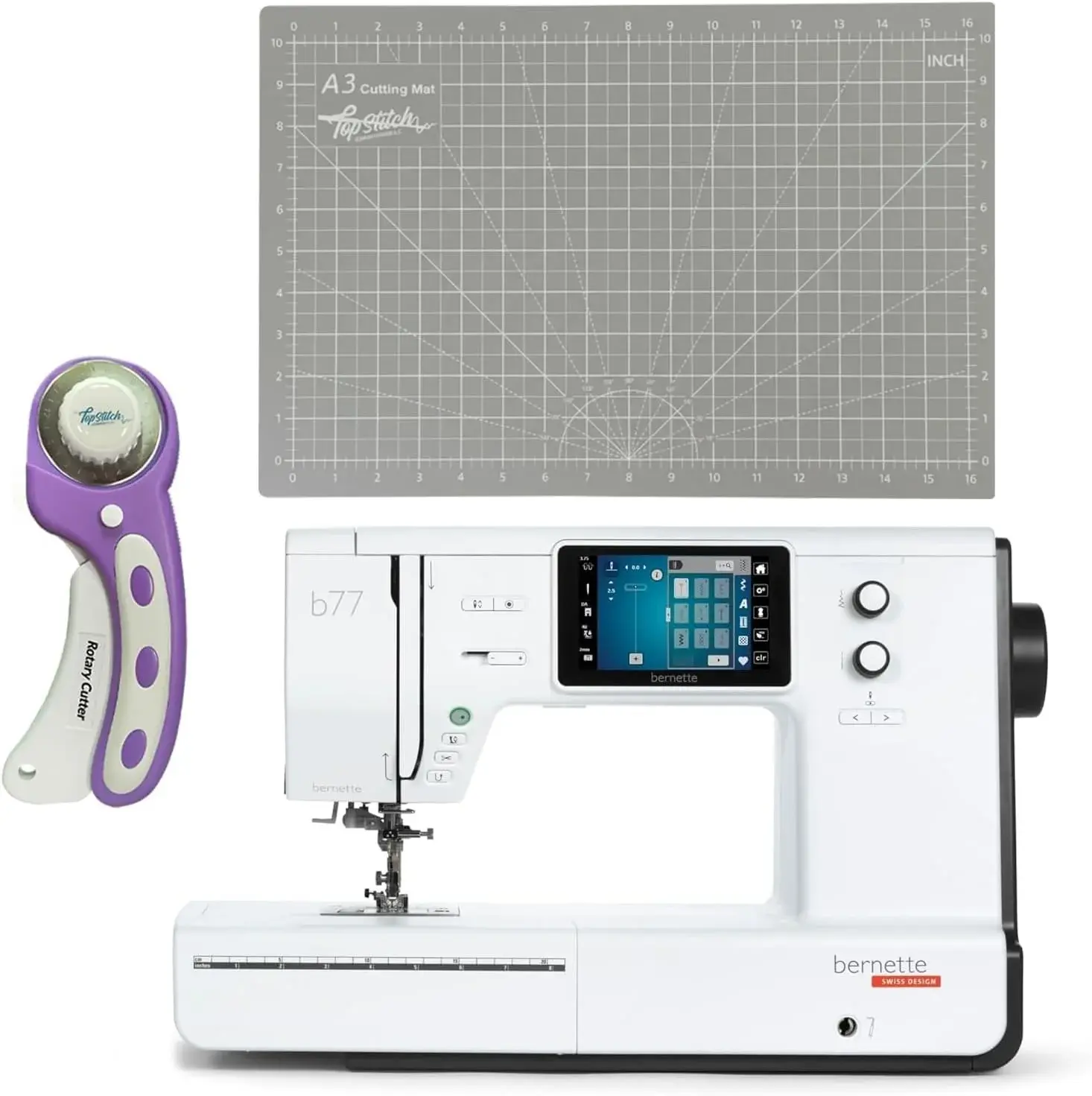 Bernette B77 Sewing and Quilting Machine | Touchscreen Control with Multiple Stitch Options | Includes 12×18 Cutting Mat and Purple Rotary Cutter