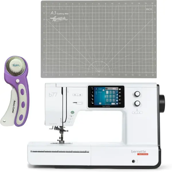 Bernette B77 Sewing and Quilting Machine | Touchscreen Control with Multiple Stitch Options | Includes 12×18 Cutting Mat and Purple Rotary Cutter