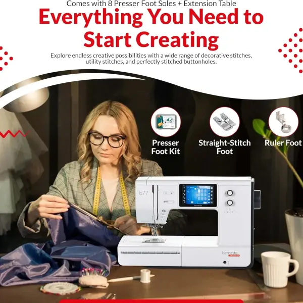 Bernette B77 Sewing and Quilting Machine | Touchscreen Control with Multiple Stitch Options | Includes 12×18 Cutting Mat and Purple Rotary Cutter