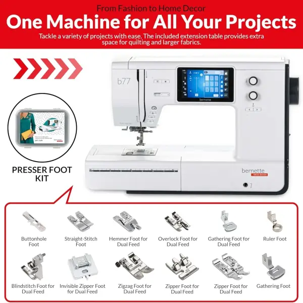 Bernette B77 Sewing and Quilting Machine | Touchscreen Control with Multiple Stitch Options | Includes 12×18 Cutting Mat and Purple Rotary Cutter