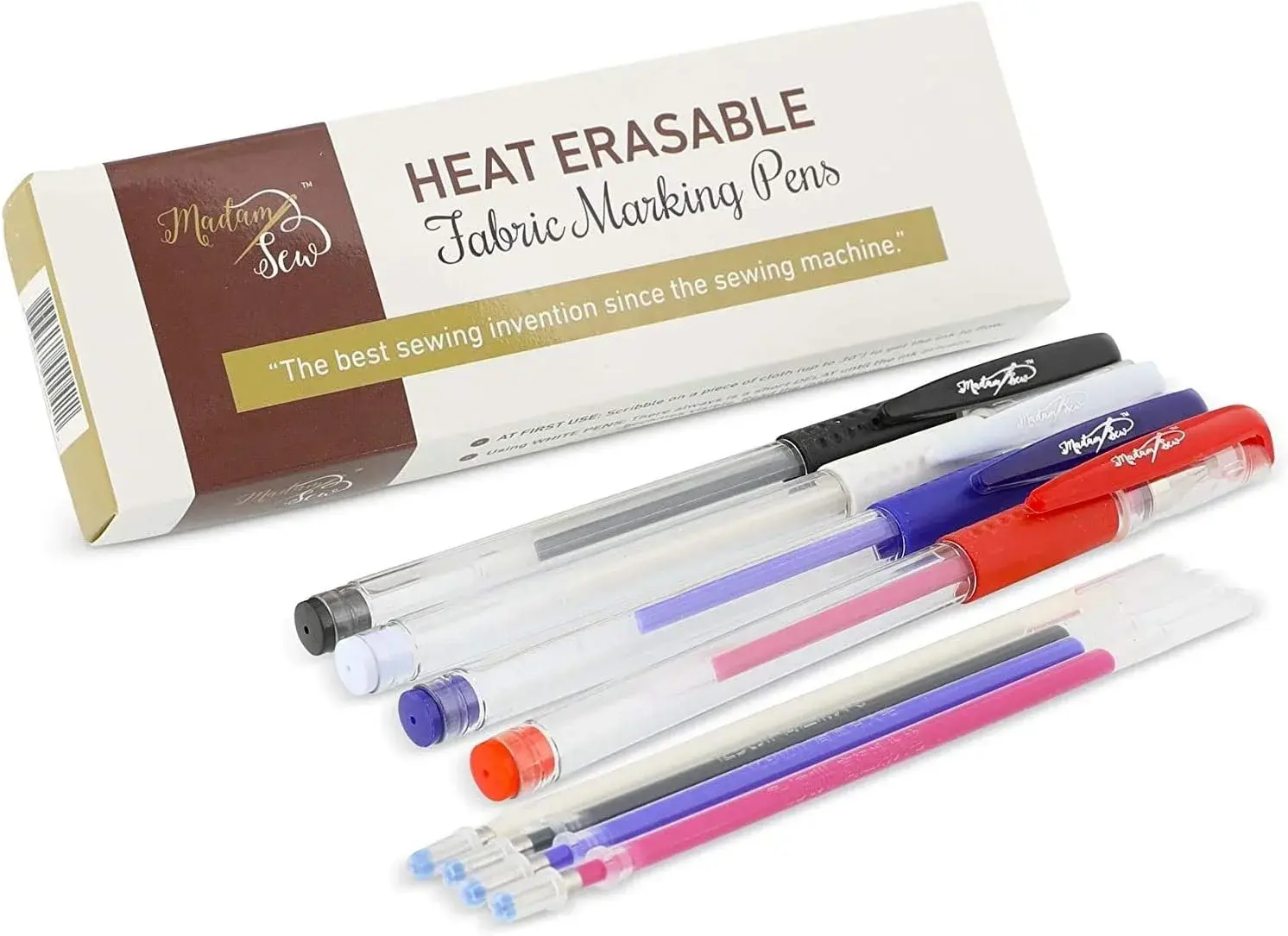 Madam Sew Heat Erasable Fabric Marking Pens for Sewing and Quilting | Fabric Markers for Sewing, Embroidery, Dressmaking with 4 Pens + 4 Refills | No Ghost Lines, Disappearing Ink for Precise Marking