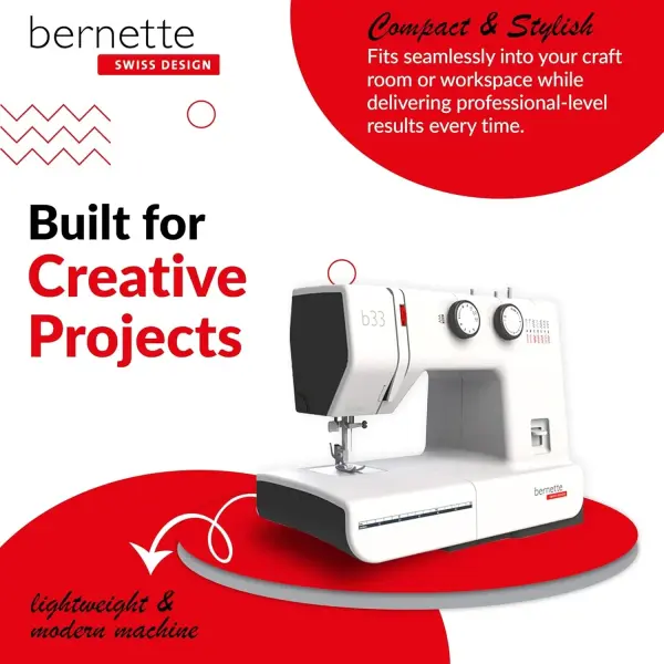 Bernette B33 Swiss Design Sewing Machine | Mechanical, Heavy-Duty, Portable, 15 Built-In Stitches, 5mm Stitch Width, Front-Loading Bobbin, Semi-Automatic Threader, Cutter,10 Bobbins