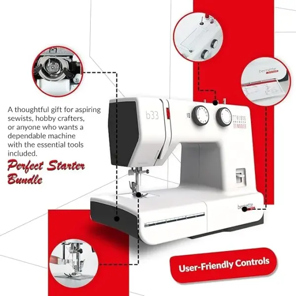 Bernette B33 Swiss Design Sewing Machine | Mechanical, Heavy-Duty, Portable, 15 Built-In Stitches, 5mm Stitch Width, Front-Loading Bobbin, Semi-Automatic Threader, Cutter,10 Bobbins