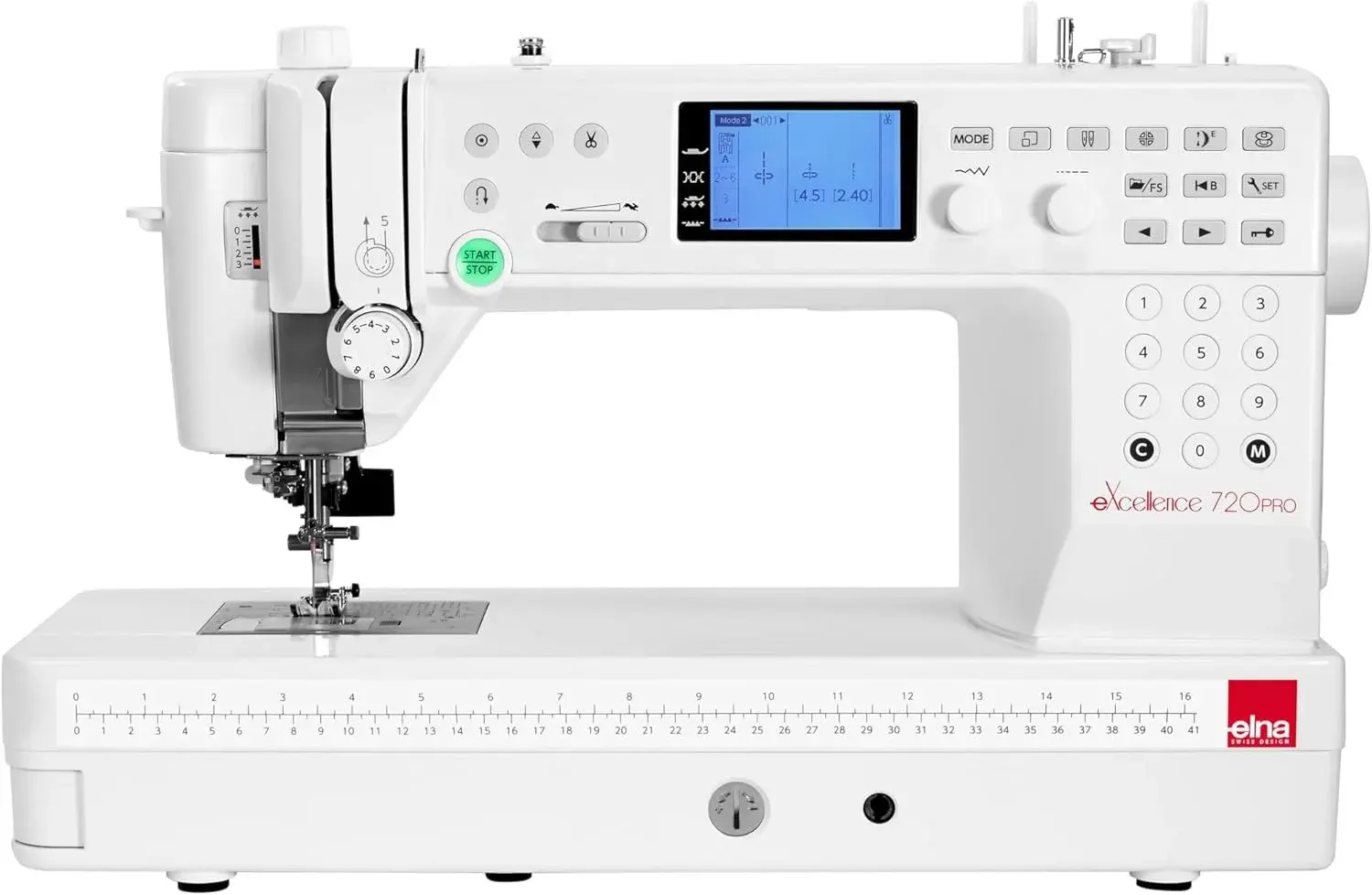 Elna Excellence 720 Pro Quilting Sewing Machine, with over 10" of Seamless, Aluminum Flatbed Sewing Space, 200 built-in stitches, Over 40 Standard Accessories, including Extension Table