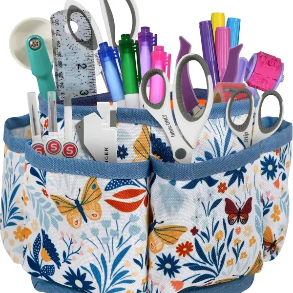 SINGER 360 Degree Rotating Organizer for Tabletop, Counter, Storage, Sewing Supplies, Art Supplies with Compartments, Butterfly Floral Print