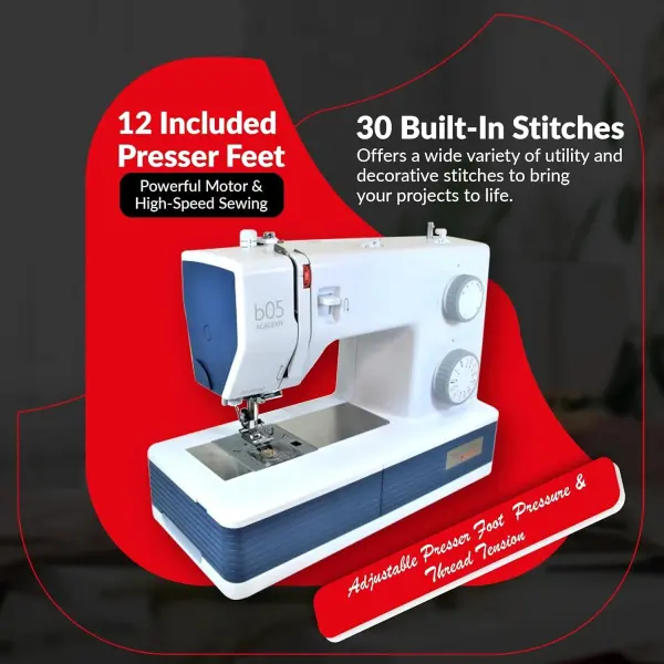 Bernette B05 Academy Heavy Duty Sewing Machine | Extension Table, 30 Stitches Variety, 12 Presser Feet, LED Light, Foot Control Accessories | Portable Quilting & Embroidery Kit for Beginners & Pros
