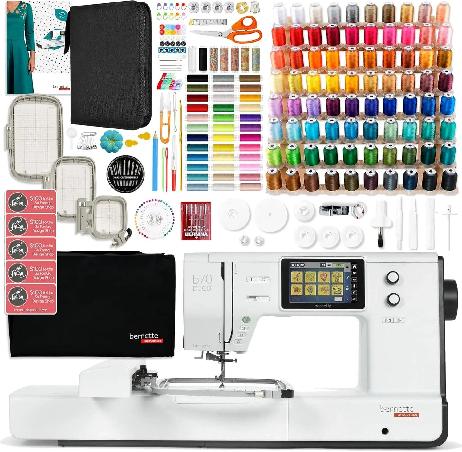 Bernette B70 6" x 10" Embroidery Machine with 123 Thread spools and 200+ Accessory Package