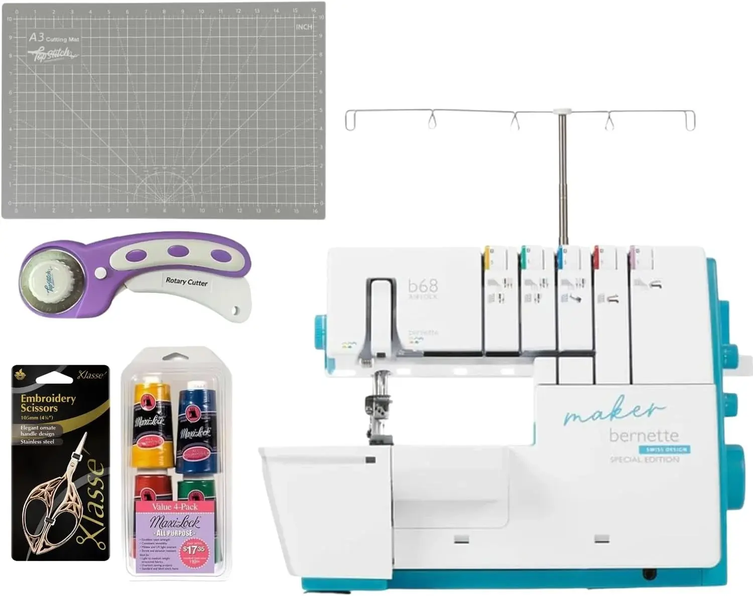 Bernette B68 Maker | Overlock & Coverstitch Combo Sewing Machine with Cutting Mat, Rotary Cutter, Scissors & Thread Pack