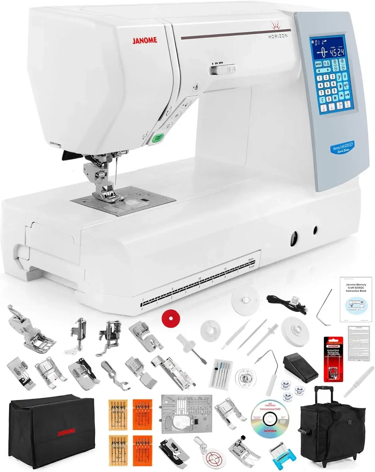 Janome Memory Craft Horizon 8200 QCP Special Edition Computerized Sewing Machine w/Black Roller Accessory Trolley Case + Semi-Hard Cover + Much More!