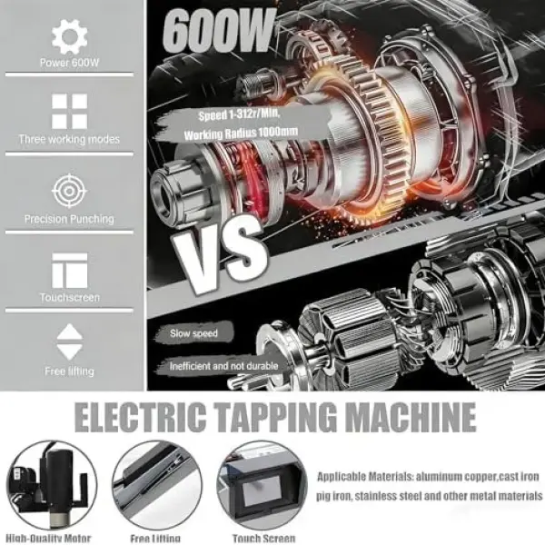 600W Electric Tapping Machine M3-M16, 360° Rotatable Multi-Directional Tapping Tool, 0-312 RPM, 8 Collets, 1000mm Horizontal Extension for Precision Drilling & Threading