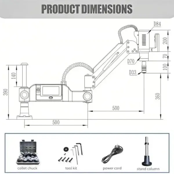 600W Electric Tapping Machine M3-M16, 360° Rotatable Multi-Directional Tapping Tool, 0-312 RPM, 8 Collets, 1000mm Horizontal Extension for Precision Drilling & Threading