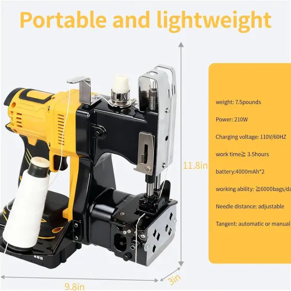 Cordless Bag Sewing Machine Includes 2×4000mAh Rechargeable Batteries,Take 2 Spools of Thread And 10 Needles,Portable Bag Closer Machine for Burlap Bag,Tote Bag,Grain Bag
