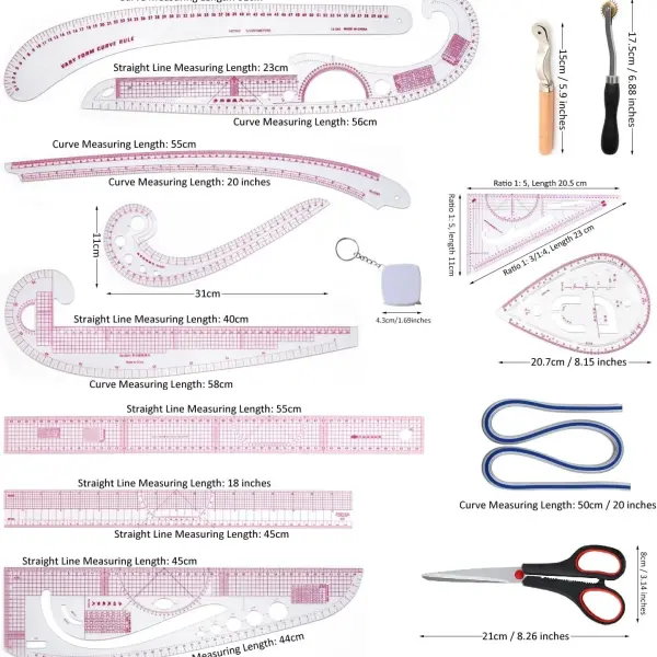 HLZC French Curve Ruler for Pattern Making, 15 Pieces Clear Sewing Ruler Set for Beginners Tailors Designers