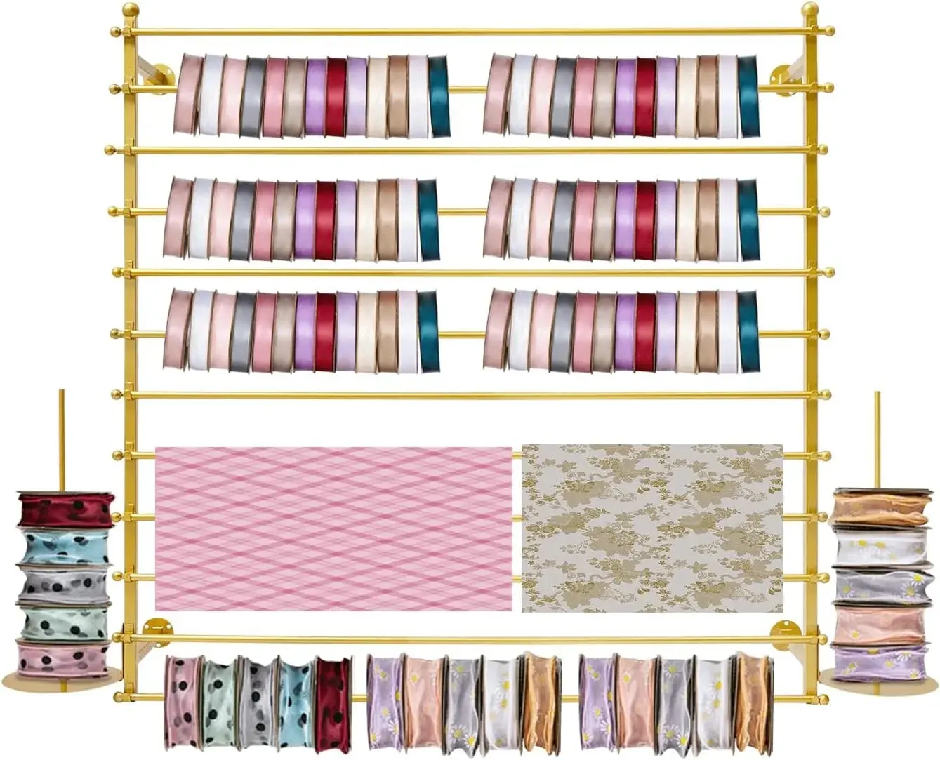 Wrapping Paper Ribbon Holder, 12-Layers Wall-Mounted Flower Wrapping Paper Silk Shawl Pants Display Rack, Scarf Fabric Tie Organizer for Flower Shop Sewing Tool Thread, 47.24×7.87×47.24in (Gold)