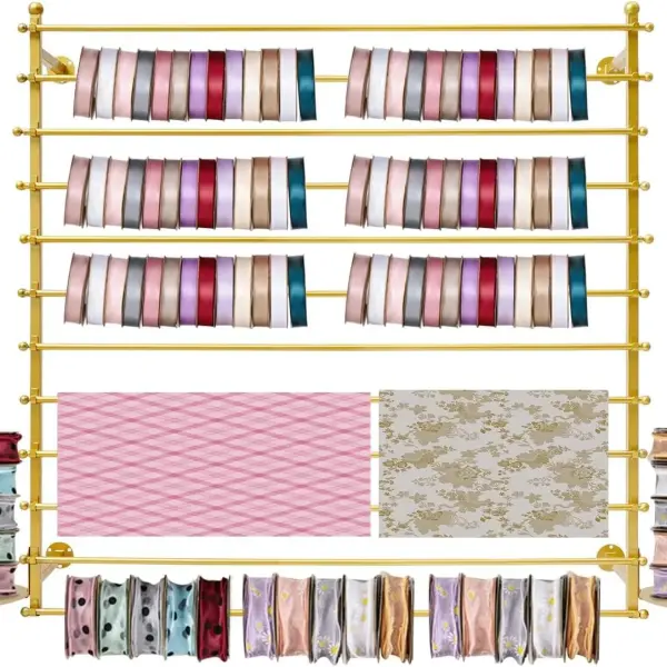 Wrapping Paper Ribbon Holder, 12-Layers Wall-Mounted Flower Wrapping Paper Silk Shawl Pants Display Rack, Scarf Fabric Tie Organizer for Flower Shop Sewing Tool Thread, 47.24×7.87×47.24in (Gold)