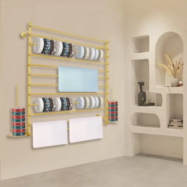 Wrapping Paper Ribbon Holder, 12-Layers Wall-Mounted Flower Wrapping Paper Silk Shawl Pants Display Rack, Scarf Fabric Tie Organizer for Flower Shop Sewing Tool Thread, 47.24×7.87×47.24in (Gold)