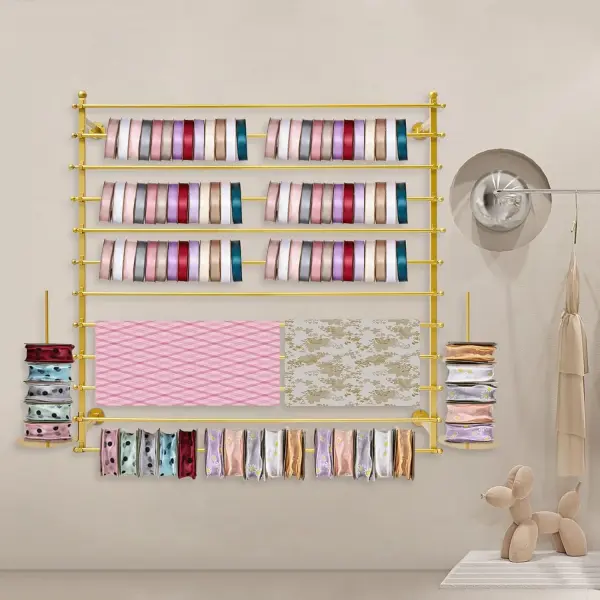 Wrapping Paper Ribbon Holder, 12-Layers Wall-Mounted Flower Wrapping Paper Silk Shawl Pants Display Rack, Scarf Fabric Tie Organizer for Flower Shop Sewing Tool Thread, 47.24×7.87×47.24in (Gold)