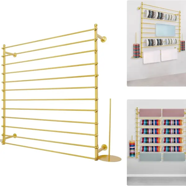 Wrapping Paper Ribbon Holder, 12-Layers Wall-Mounted Flower Wrapping Paper Silk Shawl Pants Display Rack, Scarf Fabric Tie Organizer for Flower Shop Sewing Tool Thread, 47.24×7.87×47.24in (Gold)