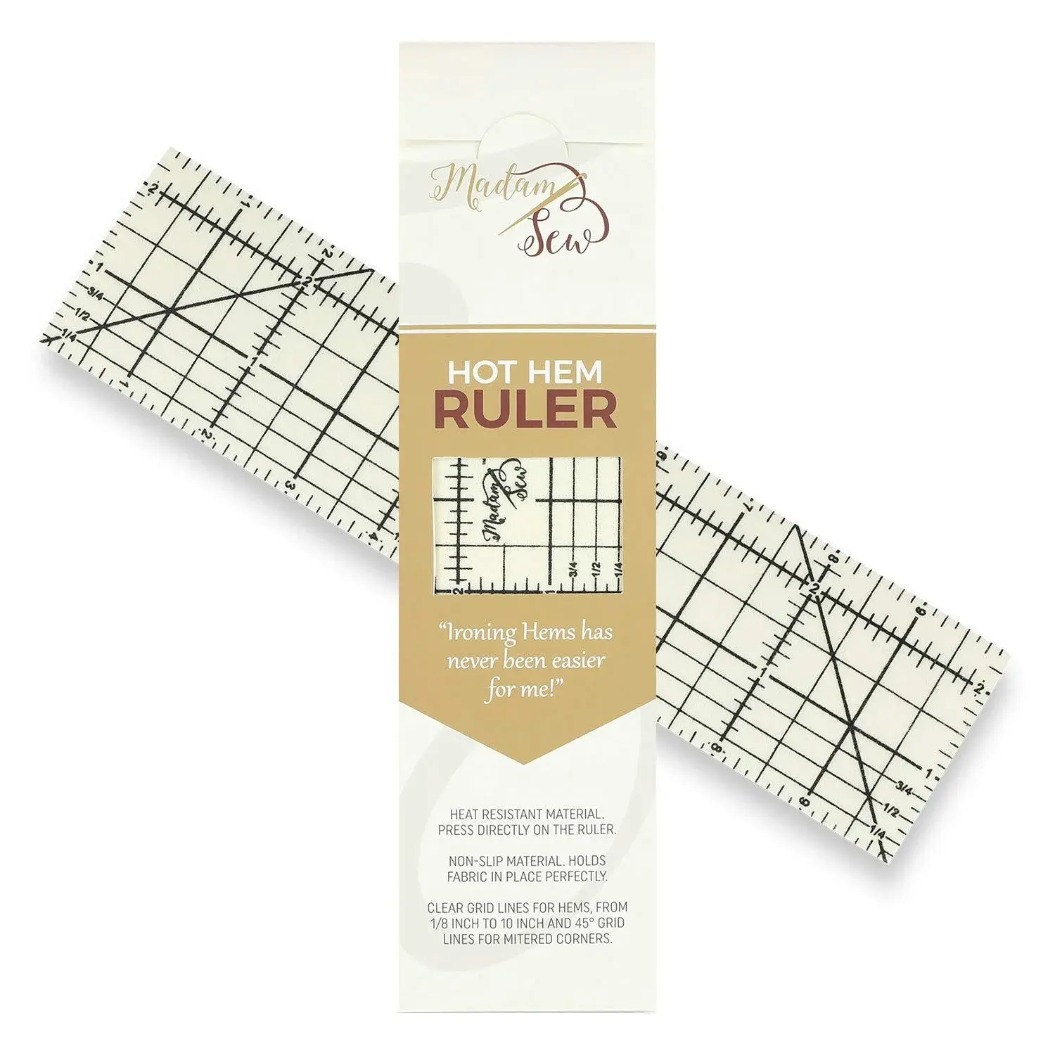 Madam Sew Hot Hem Ruler for Sewing and Quilting – Non-Slip Ironing Hot Ruler and Pleats with Dry or Steam Iron on Quilt Blocks and Clothes - 10" x 2.5" Hem Gauge
