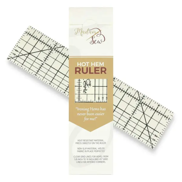 Madam Sew Hot Hem Ruler for Sewing and Quilting – Non-Slip Ironing Hot Ruler and Pleats with Dry or Steam Iron on Quilt Blocks and Clothes - 10" x 2.5" Hem Gauge