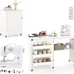COSTWAY Folding Sewing Table with Portable Sewing Machine, 3 in 1 Drop Leaf Craft Table, Rolling Sewing Machine Desk with Charging Station, 3 Trays, Lower Shelf, 5 Universal Casters (White)