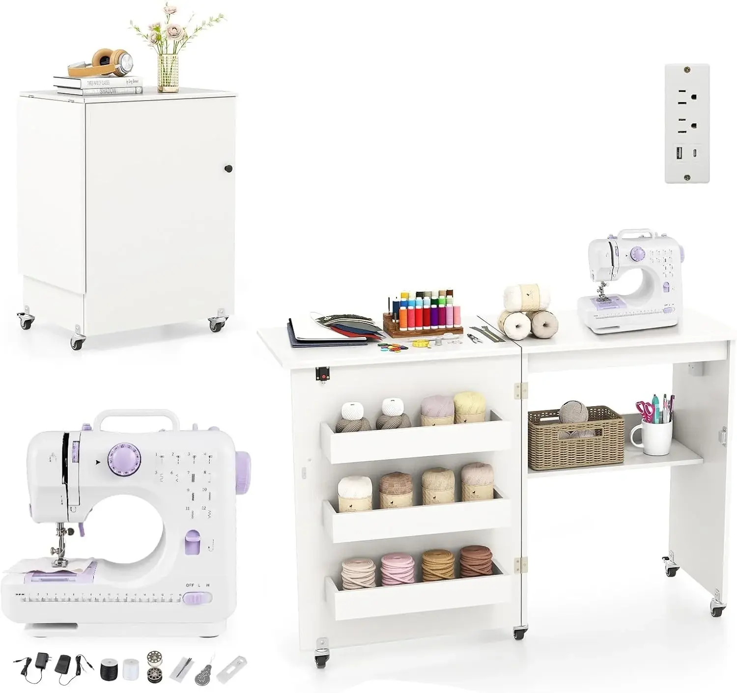COSTWAY Folding Sewing Table with Portable Sewing Machine, 3 in 1 Drop Leaf Craft Table, Rolling Sewing Machine Desk with Charging Station, 3 Trays, Lower Shelf, 5 Universal Casters (White)
