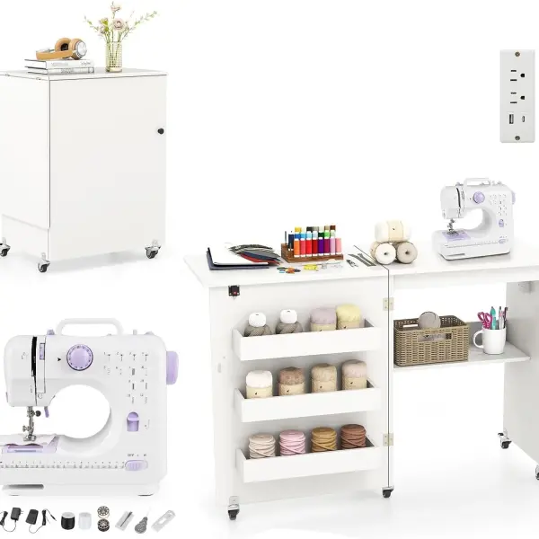 COSTWAY Folding Sewing Table with Portable Sewing Machine, 3 in 1 Drop Leaf Craft Table, Rolling Sewing Machine Desk with Charging Station, 3 Trays, Lower Shelf, 5 Universal Casters (White)