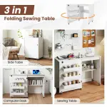 COSTWAY Folding Sewing Table with Portable Sewing Machine, 3 in 1 Drop Leaf Craft Table, Rolling Sewing Machine Desk with Charging Station, 3 Trays, Lower Shelf, 5 Universal Casters (White)