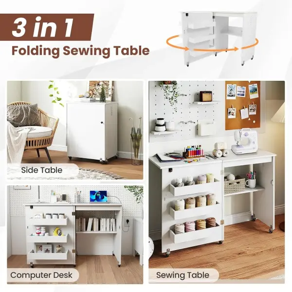COSTWAY Folding Sewing Table with Portable Sewing Machine, 3 in 1 Drop Leaf Craft Table, Rolling Sewing Machine Desk with Charging Station, 3 Trays, Lower Shelf, 5 Universal Casters (White)