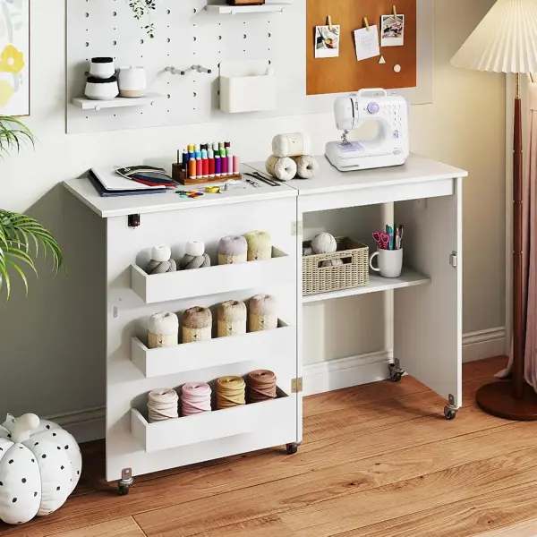 COSTWAY Folding Sewing Table with Portable Sewing Machine, 3 in 1 Drop Leaf Craft Table, Rolling Sewing Machine Desk with Charging Station, 3 Trays, Lower Shelf, 5 Universal Casters (White)