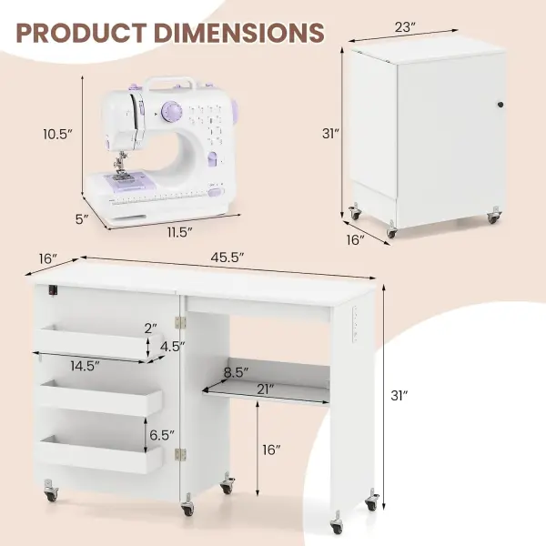 COSTWAY Folding Sewing Table with Portable Sewing Machine, 3 in 1 Drop Leaf Craft Table, Rolling Sewing Machine Desk with Charging Station, 3 Trays, Lower Shelf, 5 Universal Casters (White)