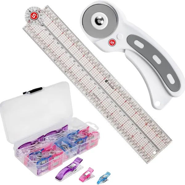 SINGER Quilting Tool Kit with 24-Count Fabric Clips, 24-Inch Folding Ruler, and 45mm Rotary Cutter - Quilting Supplies for Patternmaking, Sewing, Fabric Work