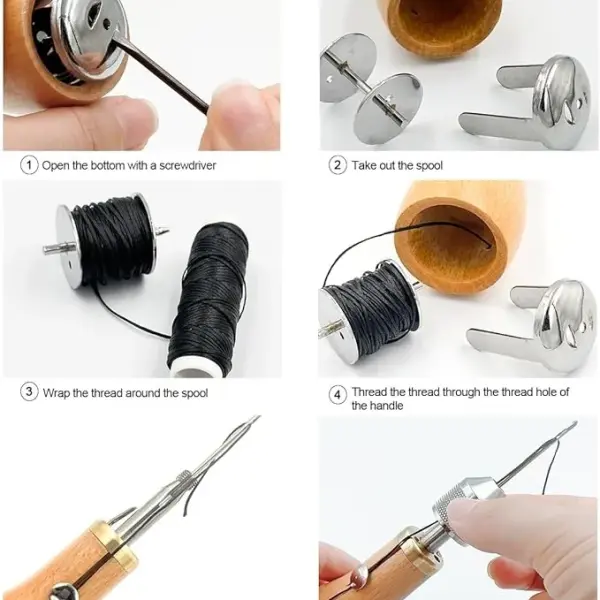 Professional Sewing Awl Hand Stitcher Repair Tool Kit for Leather and Heavy Fabrics with 2PCS Needles, 1PC Coil and Yarn/Threads